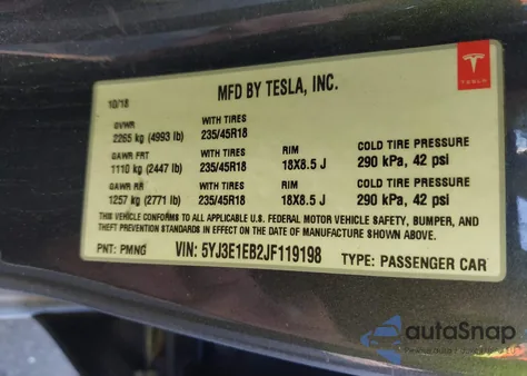 2018 Tesla Model 3 Long Range/Performance from USA, damaged, VIN 5YJ3E1EB2JF119198